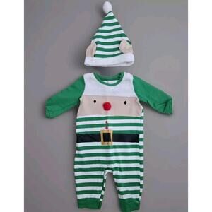 Holiday Time‎ Elf Romper Infant Outfit w/ Hat 6-9 Months Green White Stripes